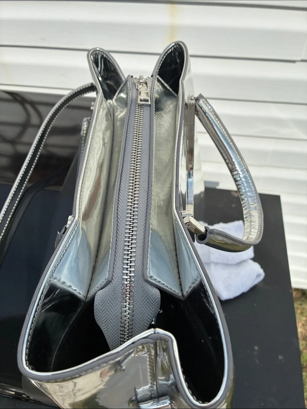 Sassy Jones Kyra Metallic Silver Logo Handbag Mirror Chrome Satchel, Like New